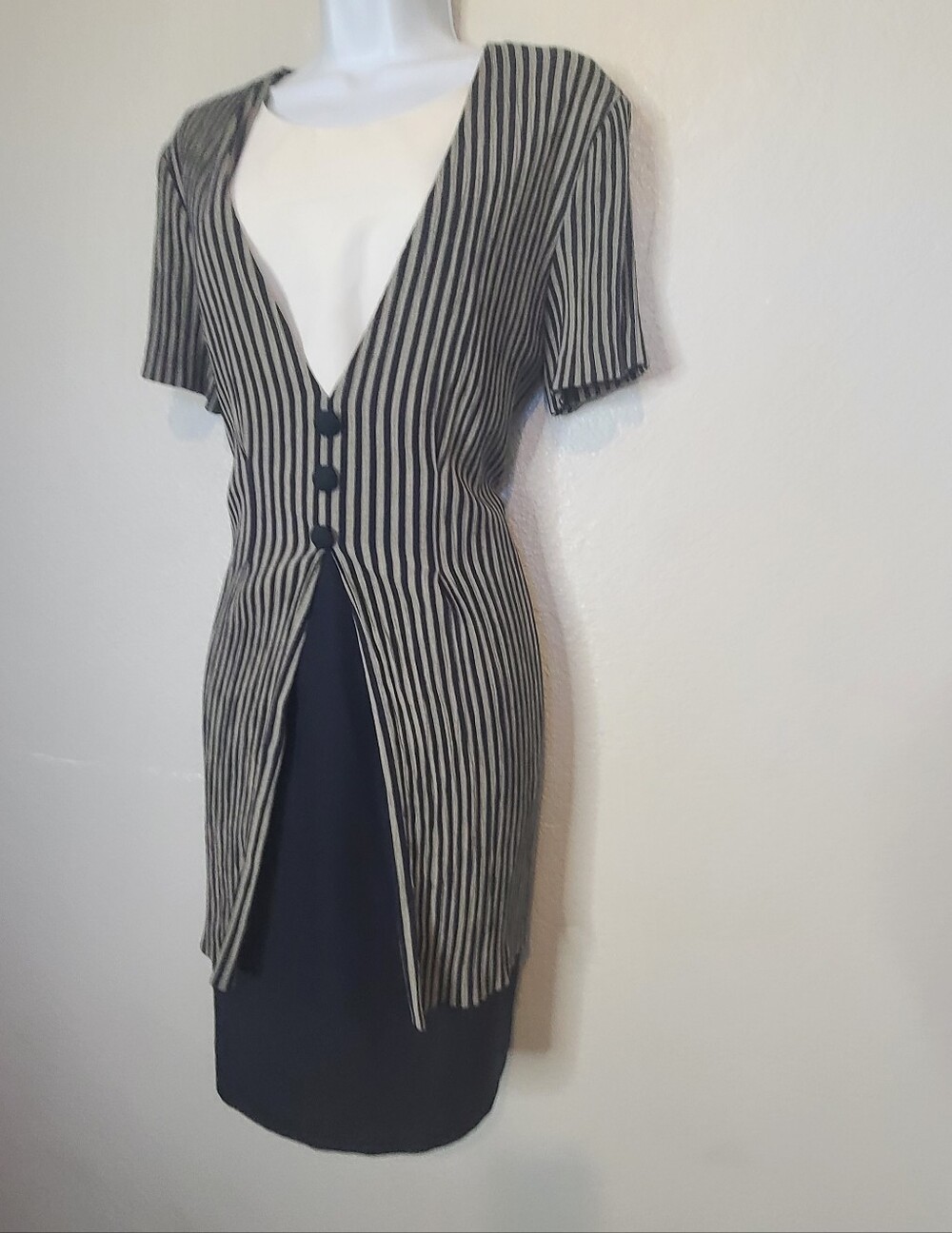 Dorée Vintage 90s Striped Black and White Layered Sheath Dress Career Woek - Picture 2 of 6
